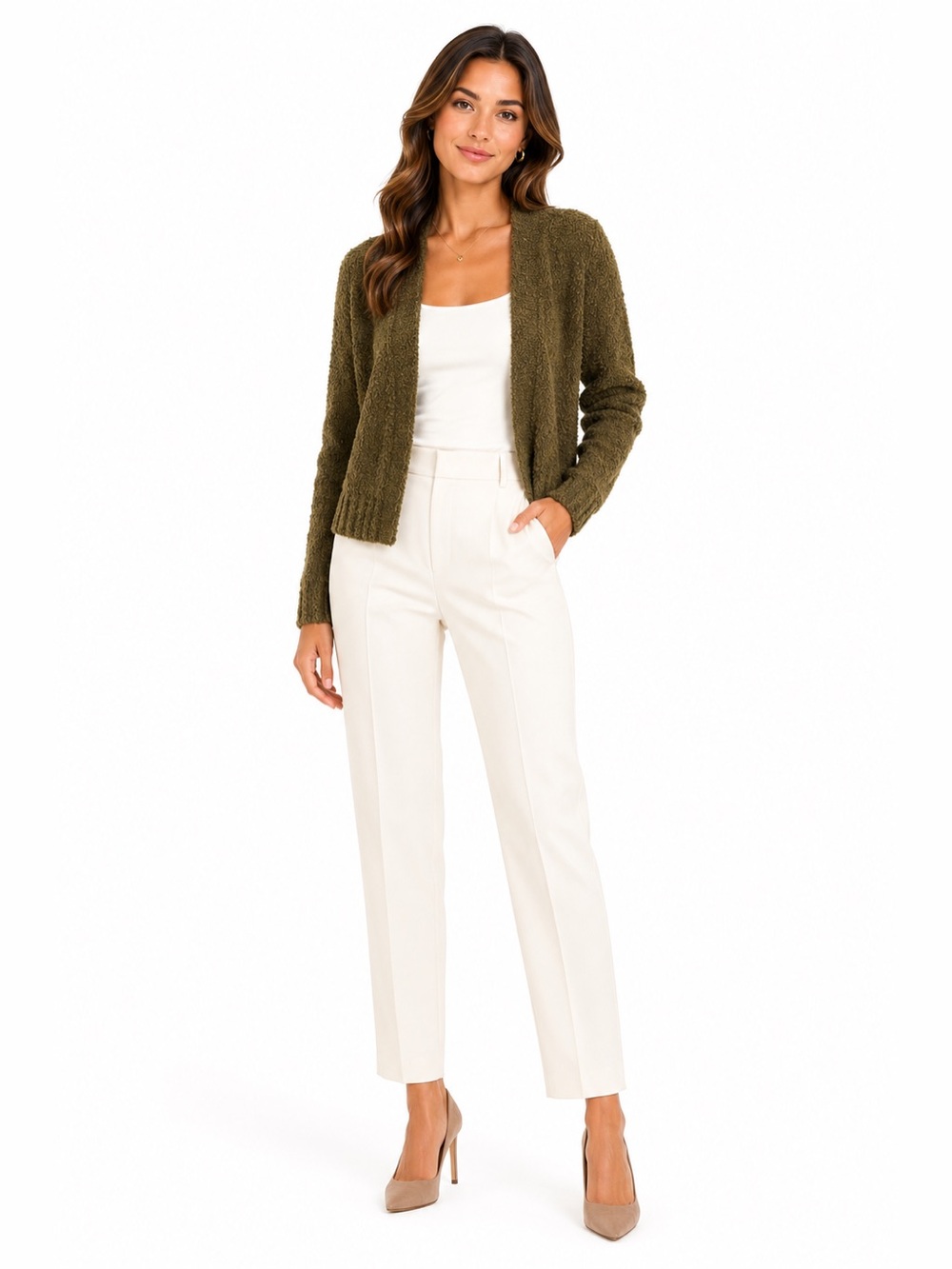 Open-Front Olive Knit Cardigan - Women's